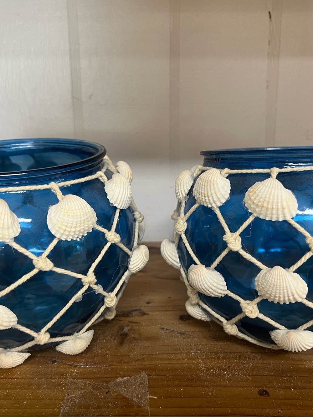 Handcrafted Blue Glass Shell Net Vase - Coastal Accent - Picture 2 of 6
